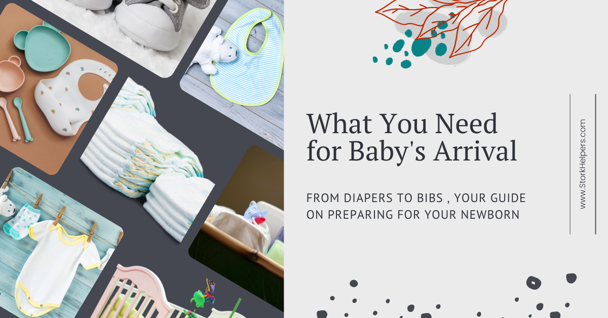 Baby socks and shoes sit on a table. Text reads "what you need for baby's arrival."